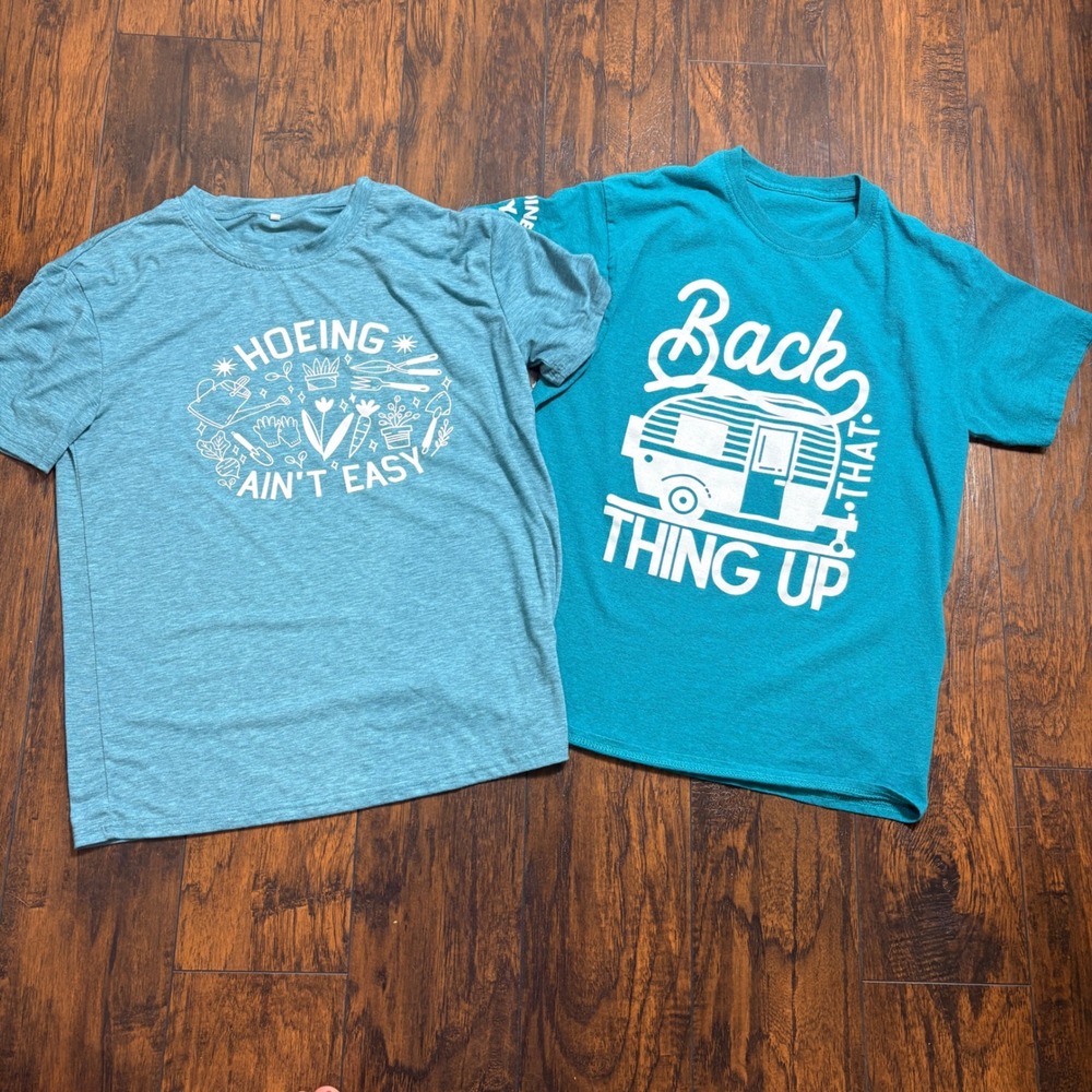 Graphic T-Shirts Women L Teal Blue Gardening Camper Funny bundle